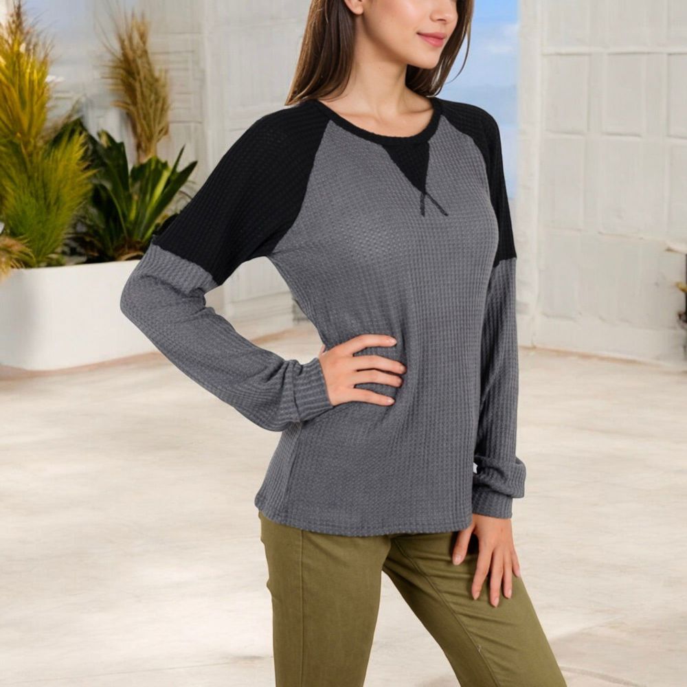 Long Sleeve Waffle Knit Top with Raglan Color Block Sleeves and Crew Neck