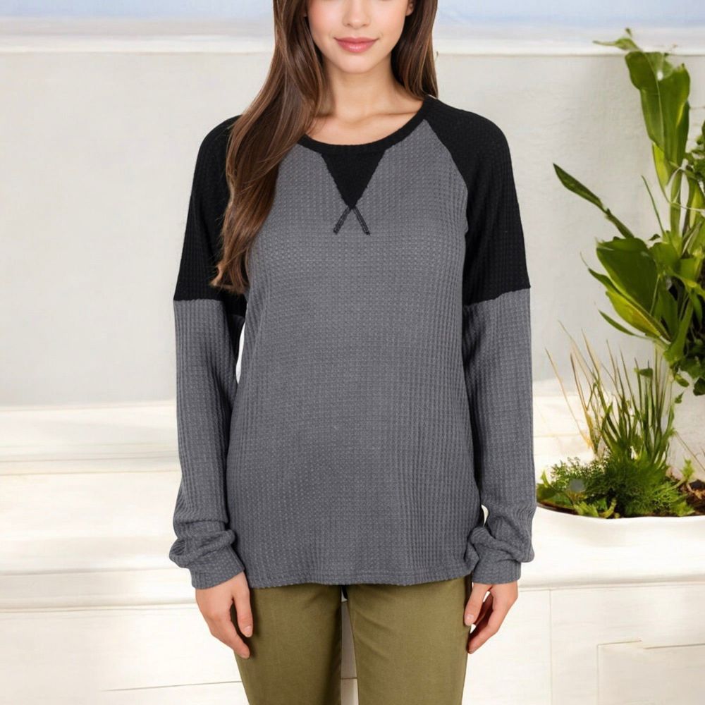 Long Sleeve Waffle Knit Top with Raglan Color Block Sleeves and Crew Neck