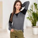 Gray Large Long Sleeve Waffle Knit Top with Raglan Color Block Sleeves and Crew Neck