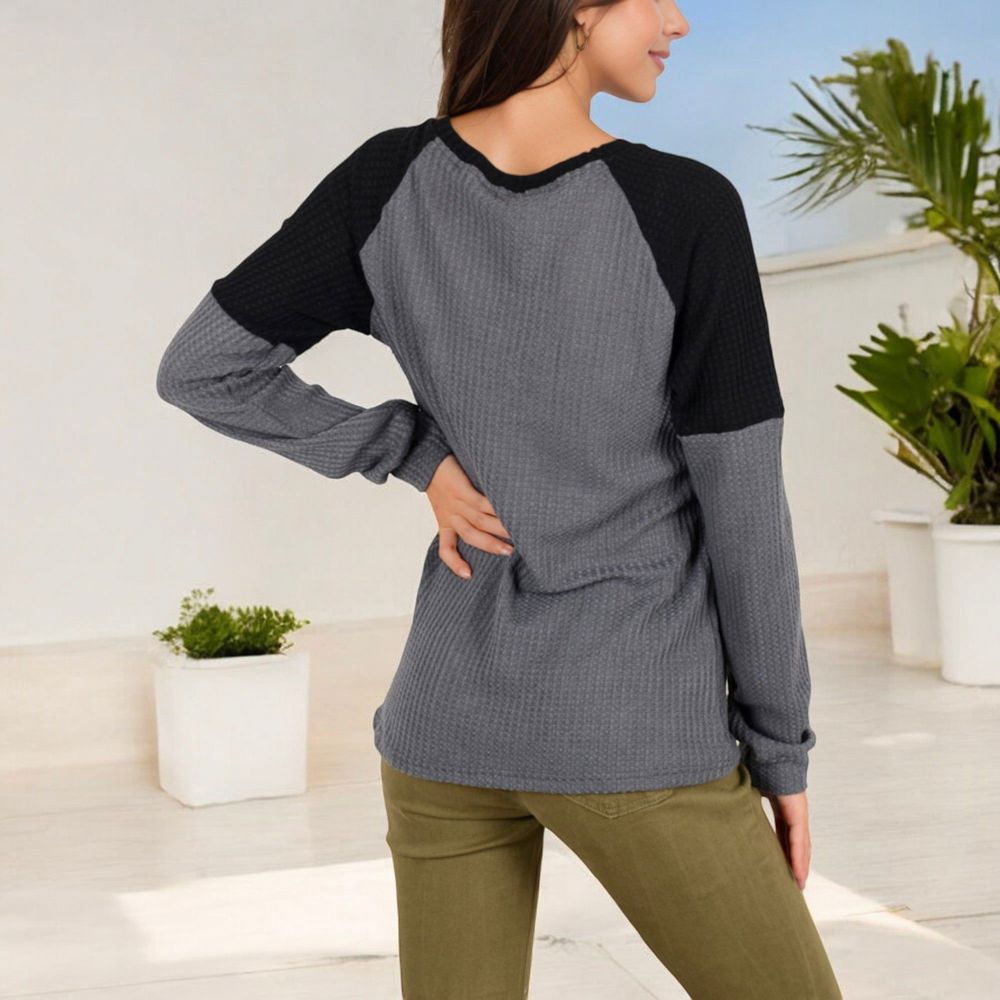 Long Sleeve Waffle Knit Top with Raglan Color Block Sleeves and Crew Neck