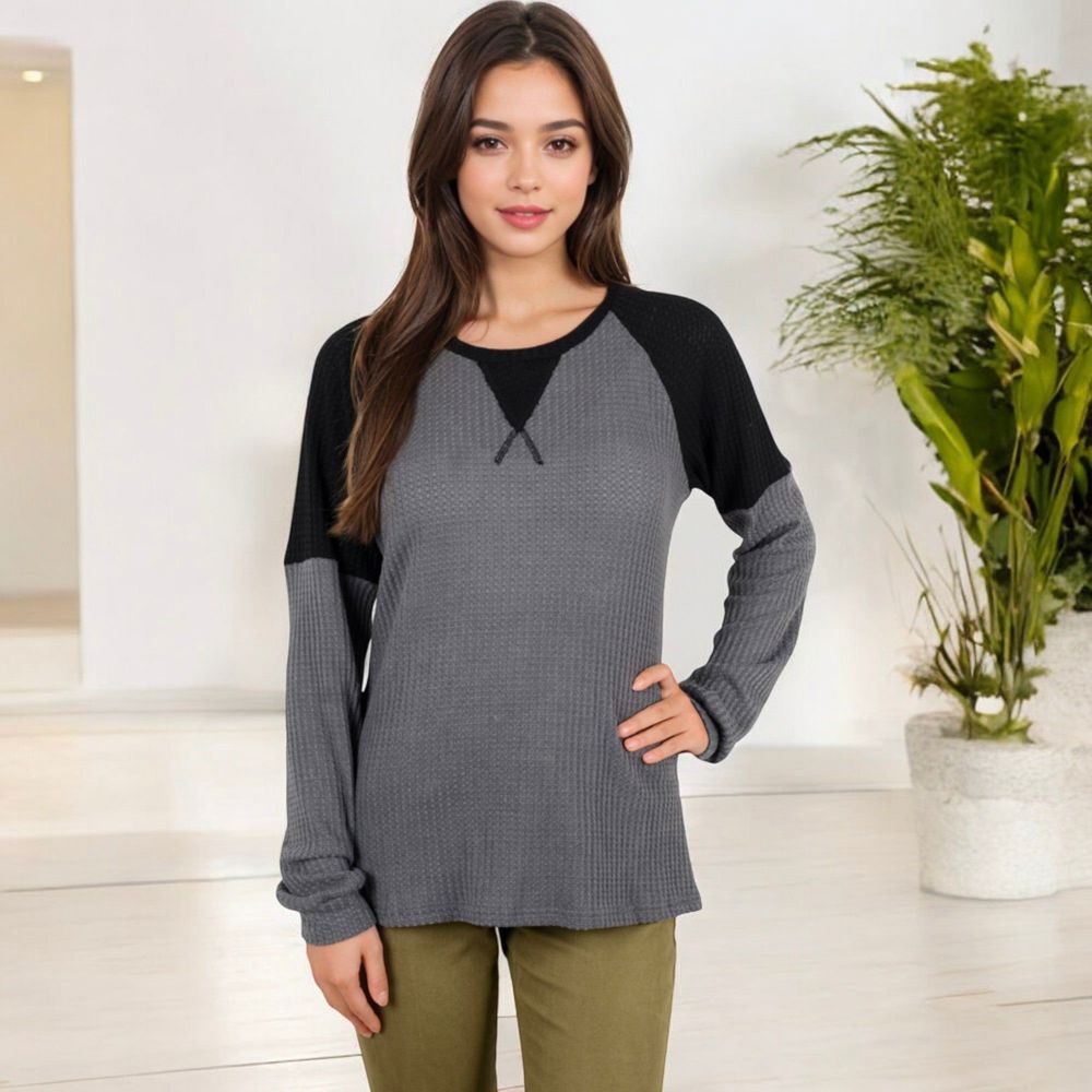 Long Sleeve Waffle Knit Top with Raglan Color Block Sleeves and Crew Neck