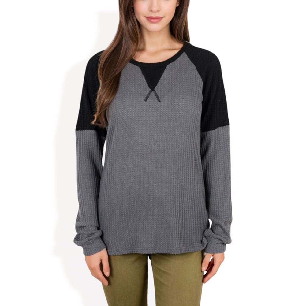 Long Sleeve Waffle Knit Top with Raglan Color Block Sleeves and Crew Neck