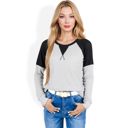 Gray Large Long Sleeve Waffle Knit Top with Raglan Color Block Sleeves and Crew Neck