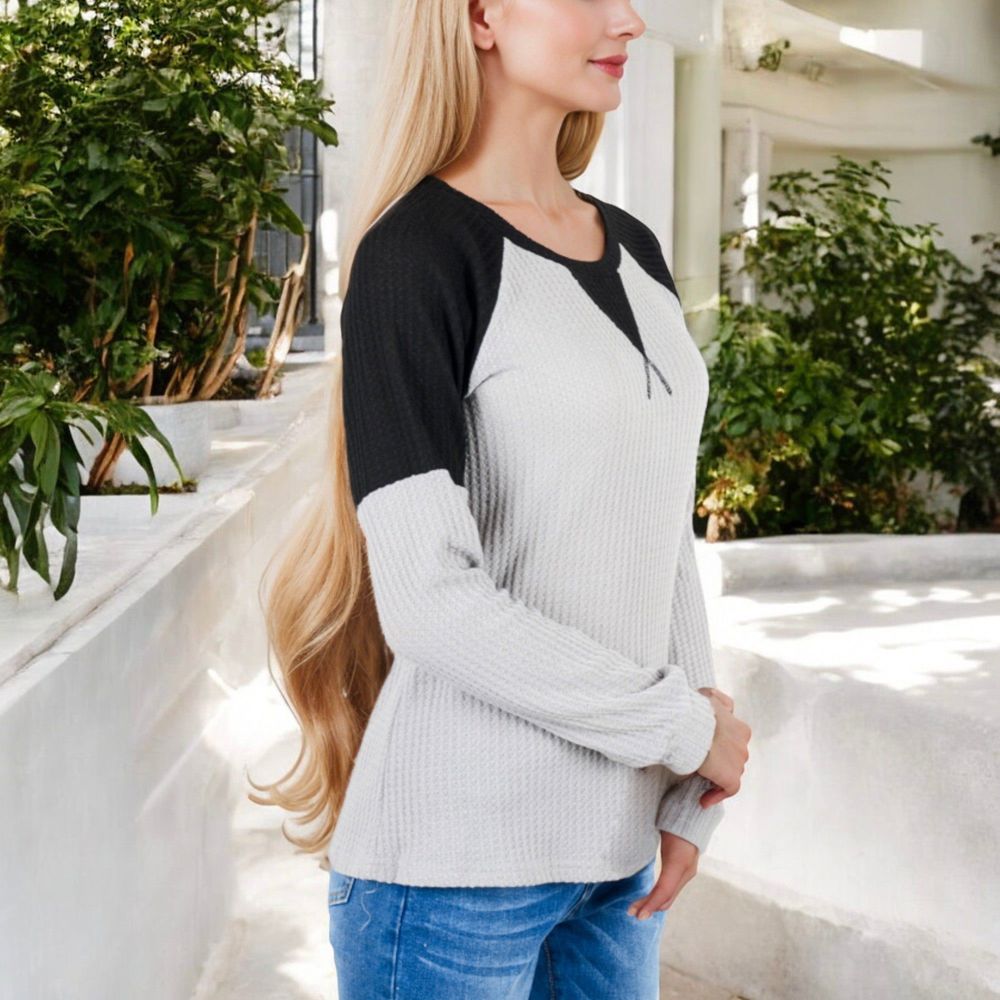 Long Sleeve Waffle Knit Top with Raglan Color Block Sleeves and Crew Neck