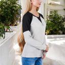 Gray Large Long Sleeve Waffle Knit Top with Raglan Color Block Sleeves and Crew Neck