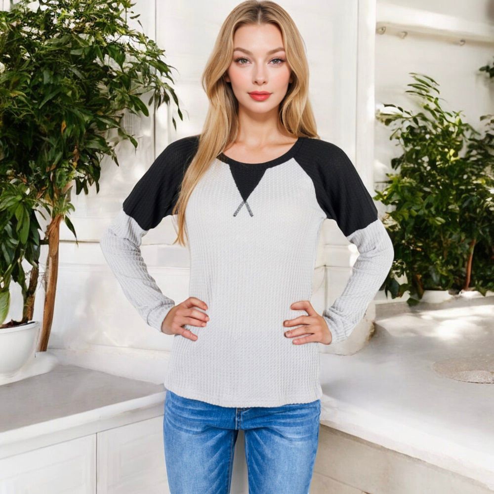 Long Sleeve Waffle Knit Top with Raglan Color Block Sleeves and Crew Neck