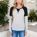 Gray Large Long Sleeve Waffle Knit Top with Raglan Color Block Sleeves and Crew Neck