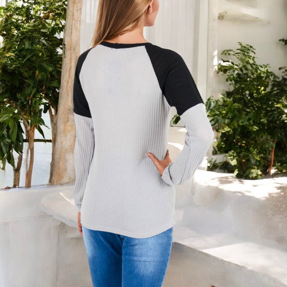 Long Sleeve Waffle Knit Top with Raglan Color Block Sleeves and Crew Neck