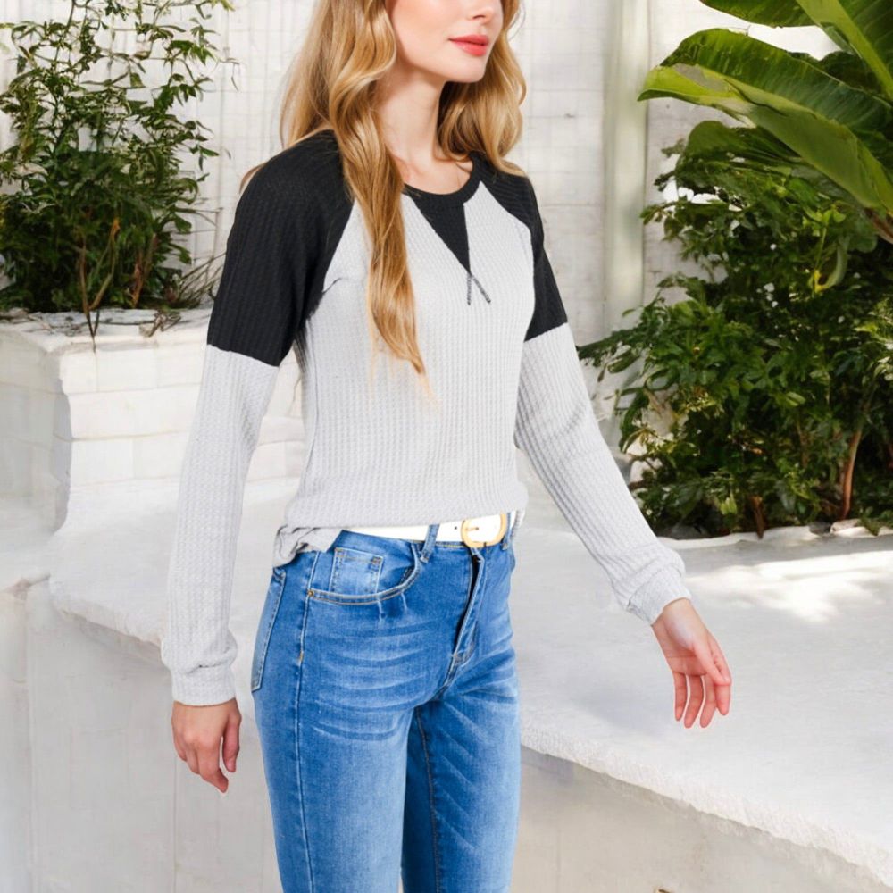 Long Sleeve Waffle Knit Top with Raglan Color Block Sleeves and Crew Neck