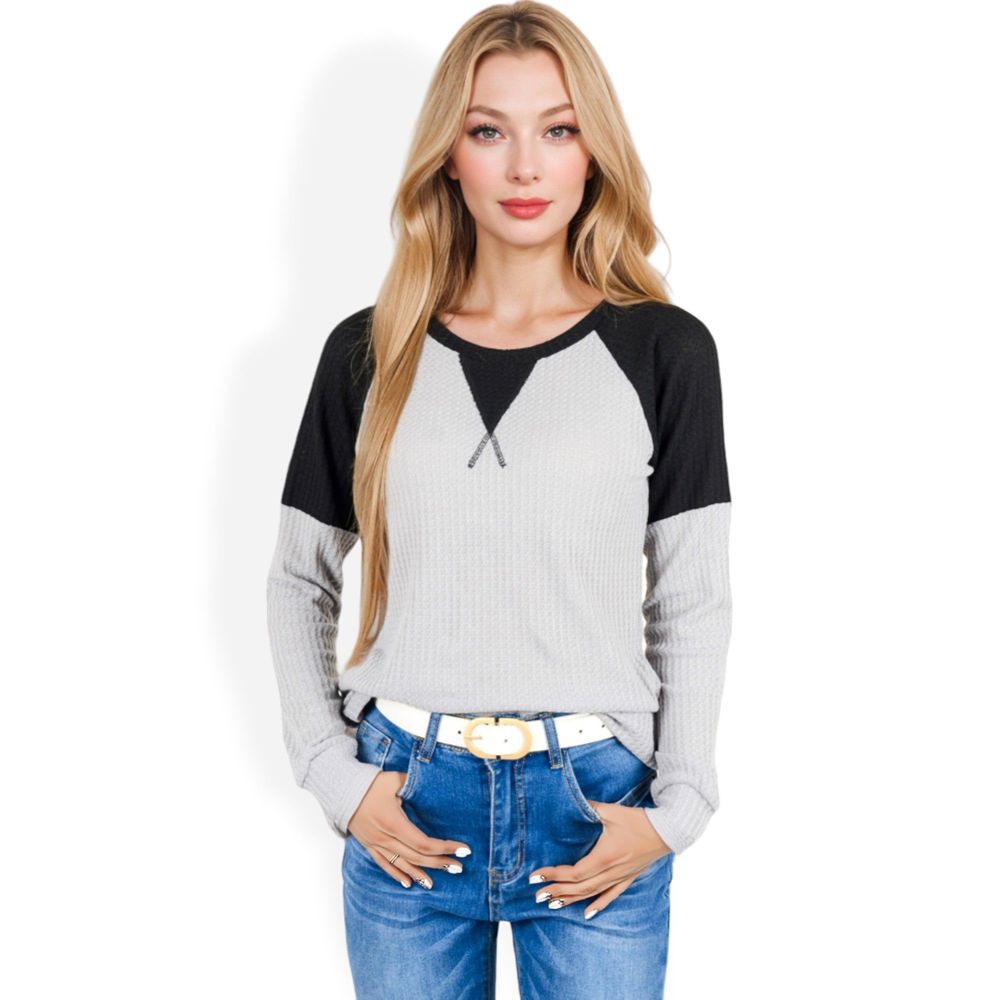 Long Sleeve Waffle Knit Top with Raglan Color Block Sleeves and Crew Neck