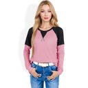 Pink Large Long Sleeve Waffle Knit Top with Raglan Color Block Sleeves and Crew Neck