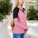 Pink Large Long Sleeve Waffle Knit Top with Raglan Color Block Sleeves and Crew Neck