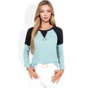 Green Large Long Sleeve Waffle Knit Top with Raglan Color Block Sleeves and Crew Neck