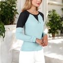 Green Large Long Sleeve Waffle Knit Top with Raglan Color Block Sleeves and Crew Neck