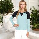 Green Large Long Sleeve Waffle Knit Top with Raglan Color Block Sleeves and Crew Neck