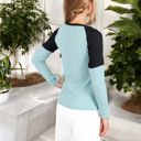 Green Large Long Sleeve Waffle Knit Top with Raglan Color Block Sleeves and Crew Neck