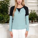 Green Large Long Sleeve Waffle Knit Top with Raglan Color Block Sleeves and Crew Neck