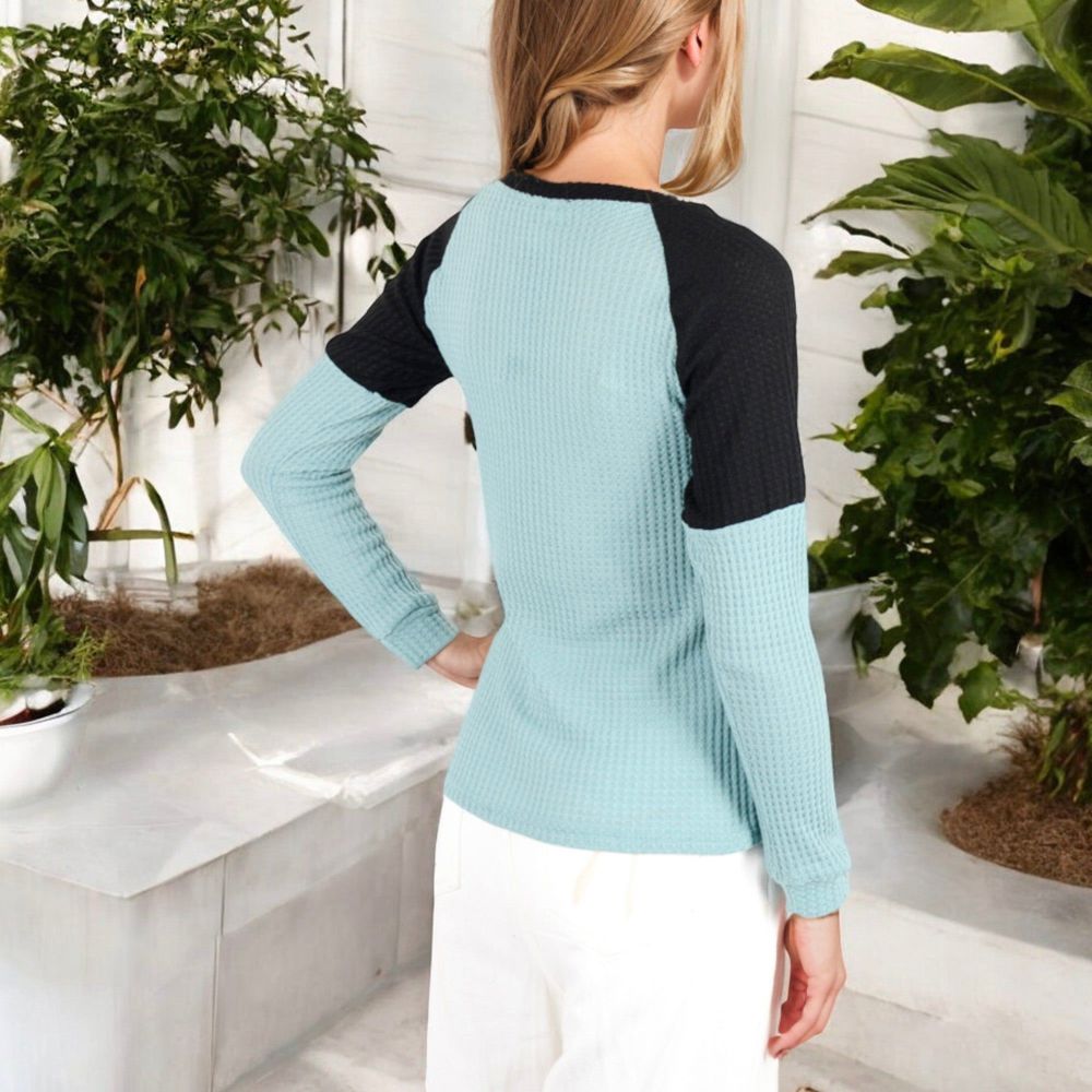 Long Sleeve Waffle Knit Top with Raglan Color Block Sleeves and Crew Neck