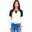 White Large Long Sleeve Waffle Knit Top with Raglan Color Block Sleeves and Crew Neck