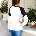 White Large Long Sleeve Waffle Knit Top with Raglan Color Block Sleeves and Crew Neck