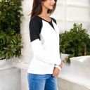 White Large Long Sleeve Waffle Knit Top with Raglan Color Block Sleeves and Crew Neck