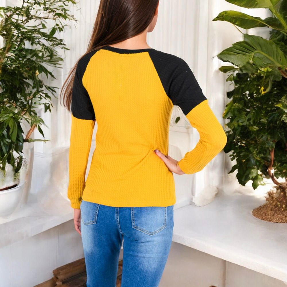 Long Sleeve Waffle Knit Top with Raglan Color Block Sleeves and Crew Neck