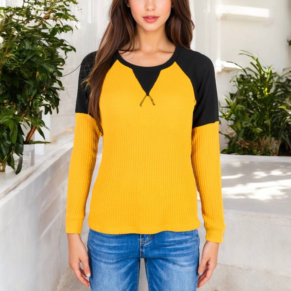 Long Sleeve Waffle Knit Top with Raglan Color Block Sleeves and Crew Neck