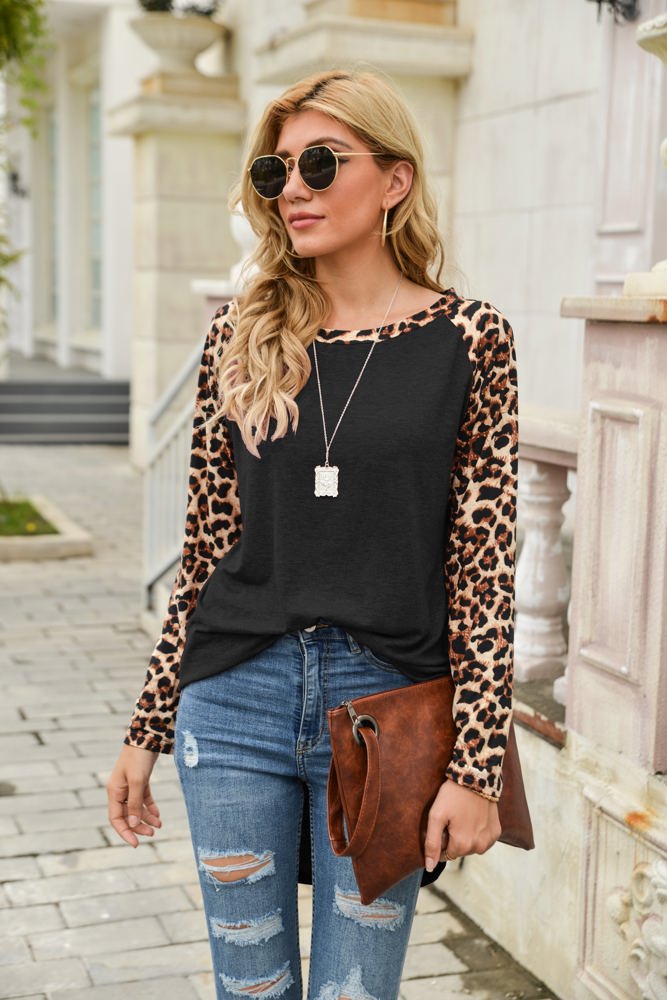 Leopard Print Long Sleeve High-Low Top with Rounded Neckline