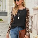 Black Large Leopard Print Long Sleeve High-Low Top with Rounded Neckline