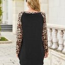 Black Large Leopard Print Long Sleeve High-Low Top with Rounded Neckline