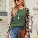 Green Large Leopard Print Long Sleeve High-Low Top with Rounded Neckline