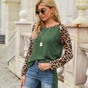 Green Large Leopard Print Long Sleeve High-Low Top with Rounded Neckline