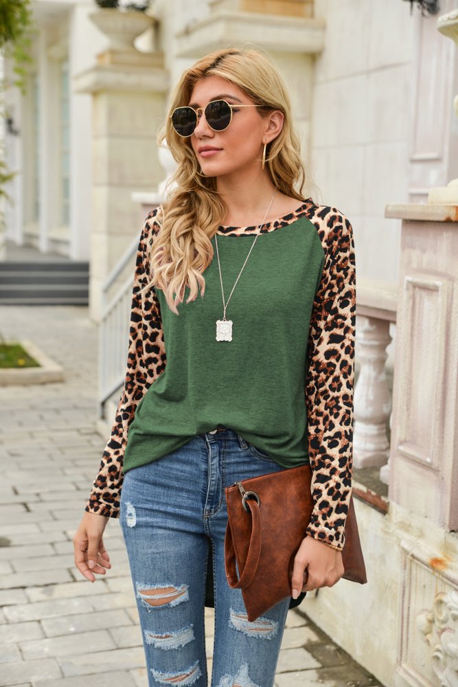 Leopard Print Long Sleeve High-Low Top with Rounded Neckline