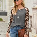 Gray Large Leopard Print Long Sleeve High-Low Top with Rounded Neckline