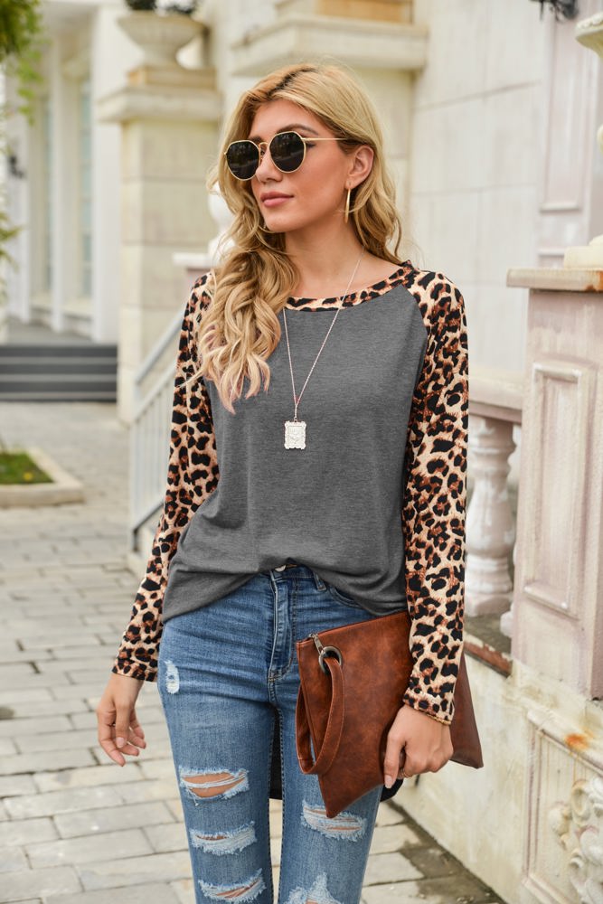 Leopard Print Long Sleeve High-Low Top with Rounded Neckline