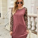 Pink Large Leopard Print Long Sleeve High-Low Top with Rounded Neckline