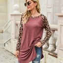 Pink Large Leopard Print Long Sleeve High-Low Top with Rounded Neckline