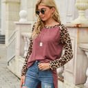 Pink Large Leopard Print Long Sleeve High-Low Top with Rounded Neckline