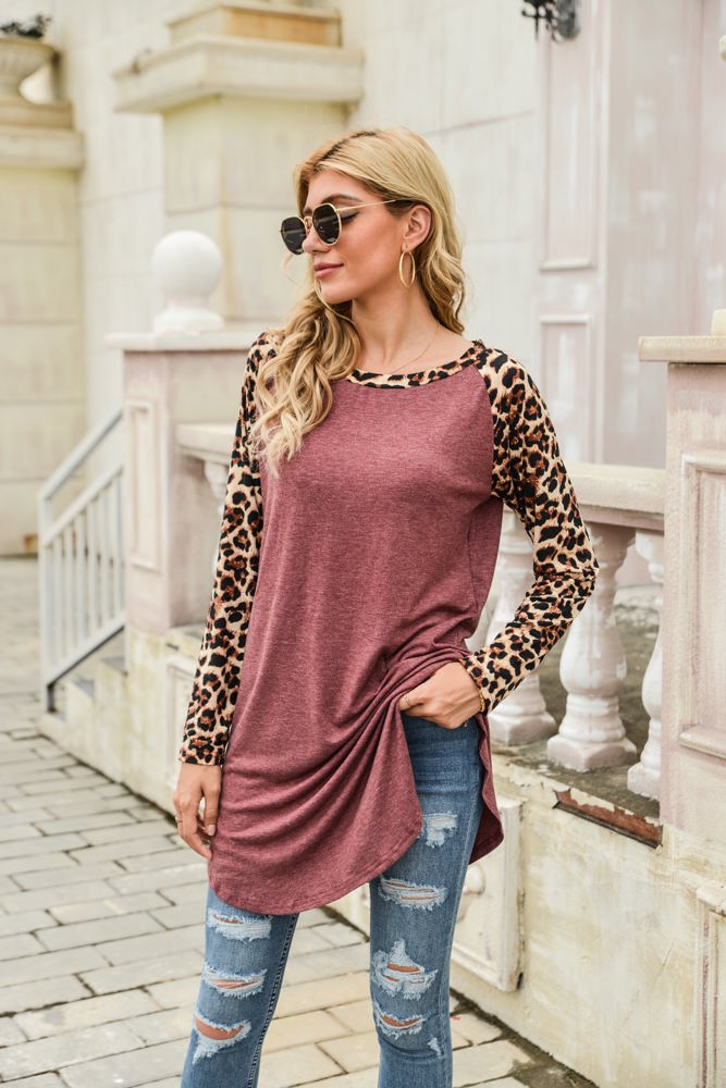 Leopard Print Long Sleeve High-Low Top with Rounded Neckline