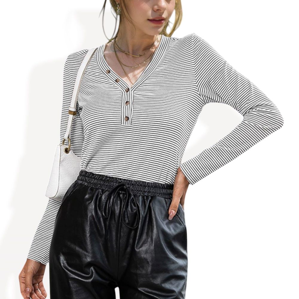 Striped Long Sleeve V-Neck Henley Top with Button Detail