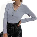 Blue Medium Striped Long Sleeve V-Neck Henley Top with Button Detail