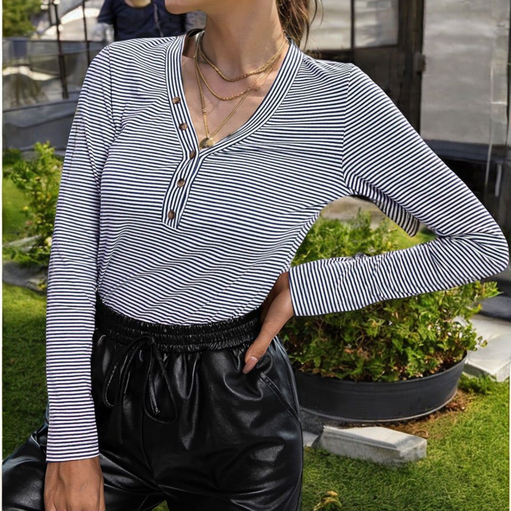 Striped Long Sleeve V-Neck Henley Top with Button Detail