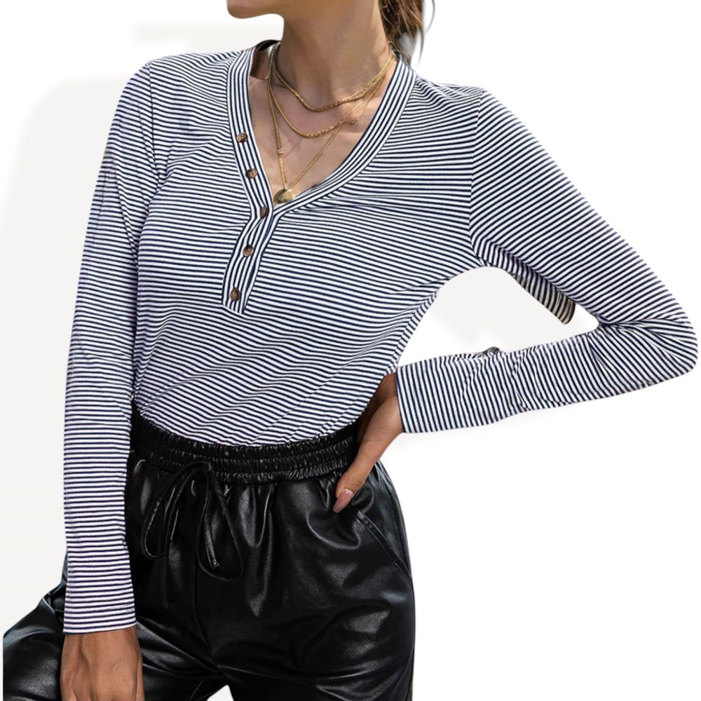 Striped Long Sleeve V-Neck Henley Top with Button Detail