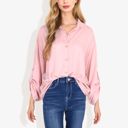  Long Sleeve Button-Down Shirt with Roll-Up Sleeves and Front Pocket Casual Loose Fit Blouse