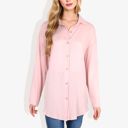  Long Sleeve Button-Down Shirt with Roll-Up Sleeves and Front Pocket Casual Loose Fit Blouse