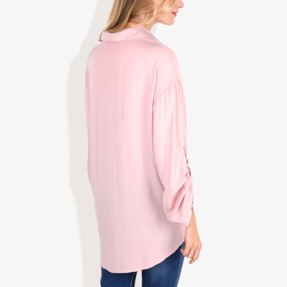 Long Sleeve Button-Down Shirt with Roll-Up Sleeves and Front Pocket Casual Loose Fit Blouse