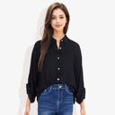 Black Large Long Sleeve Button-Down Shirt with Roll-Up Sleeves and Front Pocket Casual Loose Fit Blouse