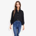 Black Large Long Sleeve Button-Down Shirt with Roll-Up Sleeves and Front Pocket Casual Loose Fit Blouse