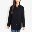 Black Large Long Sleeve Button-Down Shirt with Roll-Up Sleeves and Front Pocket Casual Loose Fit Blouse