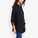 Black Large Long Sleeve Button-Down Shirt with Roll-Up Sleeves and Front Pocket Casual Loose Fit Blouse